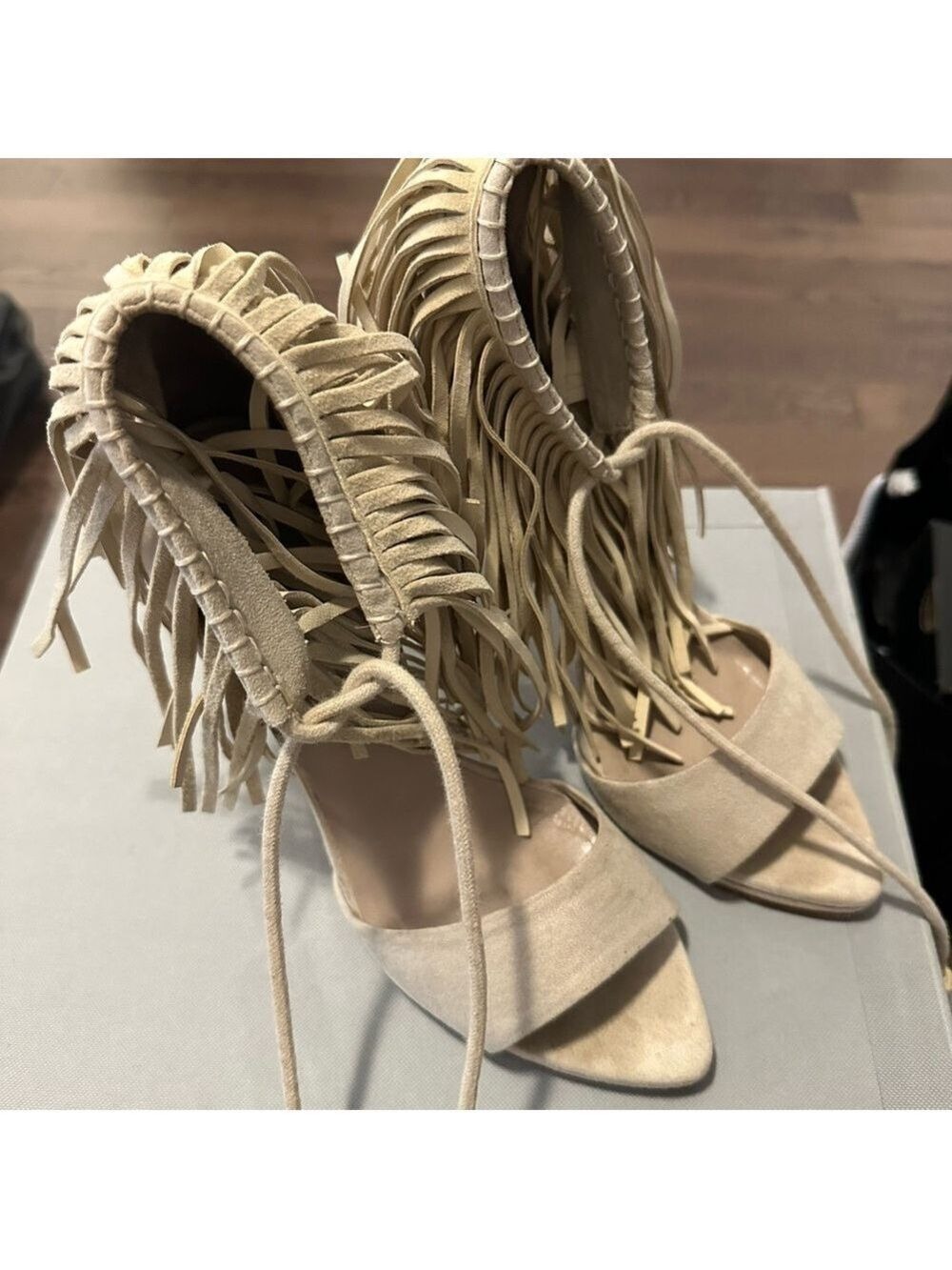 Zara Faux Suede Fringe Tassel Tie High Heel Sandals in Bone/Cream - Picture 8 of 15